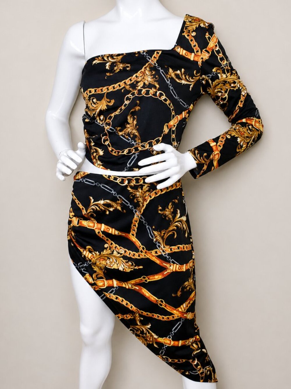Touch Me Black/Bronze Chain Print Stylish Women's Two Piece Outfit SZ L